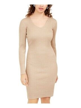 New Planet Gold Yellow Gold Textured Long Sleeve V-Neck Mini Dress 1X